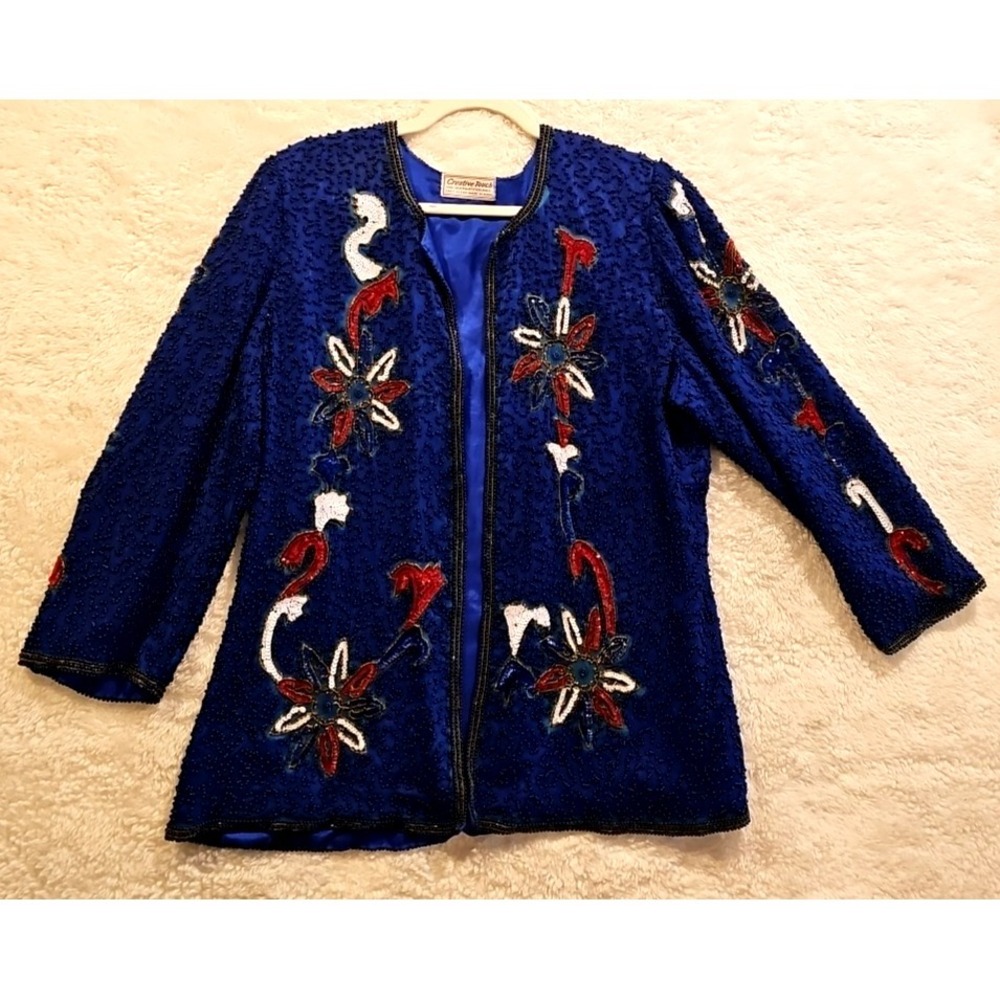 Vtg Red White Blue 100% Silk Beaded Sequin Jacket Open Front Patriotic #680 Read